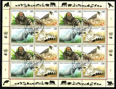 UNO GENF Mi-Nr. 227-230 GESTEMPELT(USED) KLEINBOGEN GEFÄHRDETE ARTEN (I) 1993 GORILLA FALKE LEOPARD