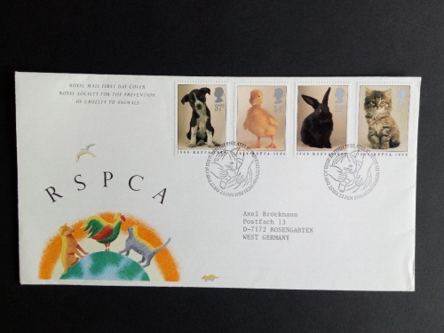 GROSSBRITANNIEN MI-NR. 1245-1248 FDC KATZE KANINCHEN HUND ENTE