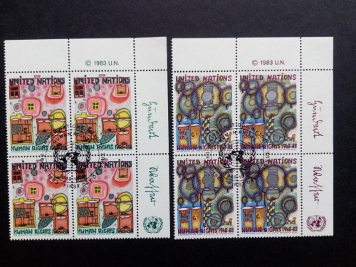 UNO NEW YORK MI-NR. 438-439 GESTEMPELT(USED) 4er BLOCK HUNDERTWASSER 1983