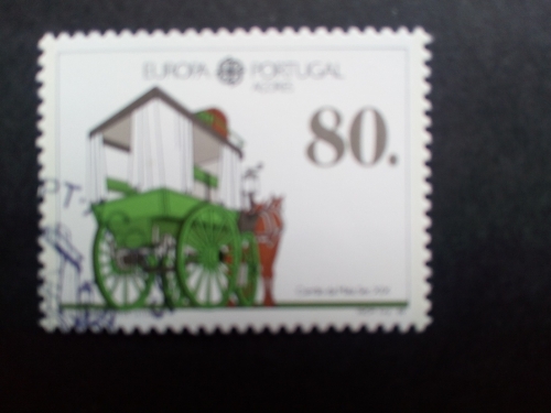 AZOREN MI-NR. 390 a GESTEMPELT EUROPA 1988 PFERDEOMNIBUS TRANSPORTMITTEL