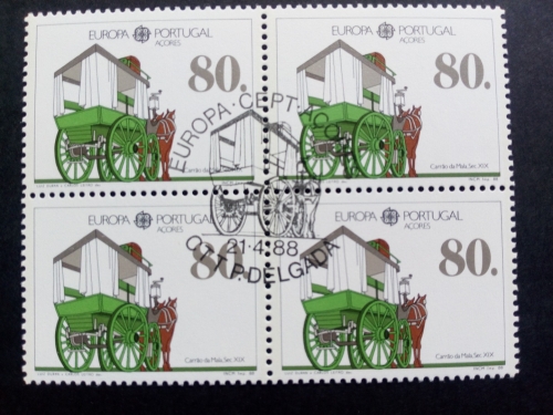 AZOREN MI-NR. 390 a GESTEMPELT(USED) 4er BLOCK EUROPA 1988 PFERDEOMNIBUS TRANSPORTMITTEL
