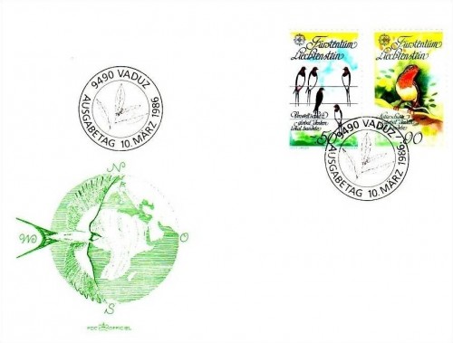 LIECHTENSTEIN MI-NR. 893-894 FDC EUROPA 1986 UMWELTSCHUTZ ROTKEHLCHEN SCHWALBE
