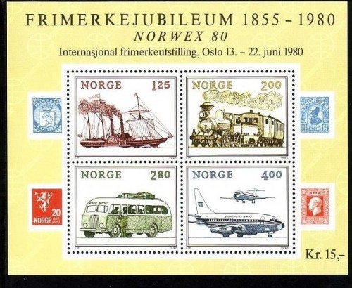 NORWEGEN BLOCK 3 POSTFRISCH(MINT) NORWEX 1980 - RADDAMPFER - LOKOMOTIVE - FLUGZEUG - BUS