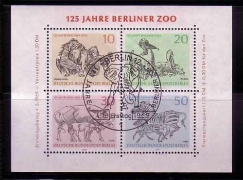BERLIN BLOCK 2 GESTEMPELT(USED) BERLINER ZOO ORANG-UTAN PELIKAN GAUR ZEBRA ELEFANT 1969