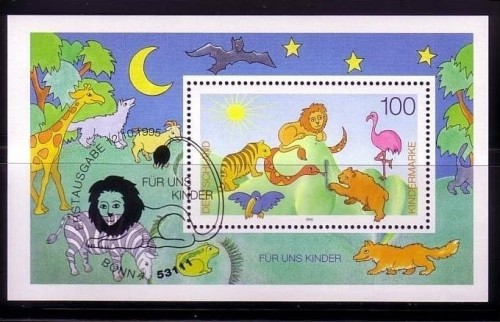 DEUTSCHLAND BLOCK 34 GESTEMPELT(USED) FÜR UNS KINDER 1995 LÖWE ZEBRA GIRAFFE FLAMINGO STEMPEL BONN