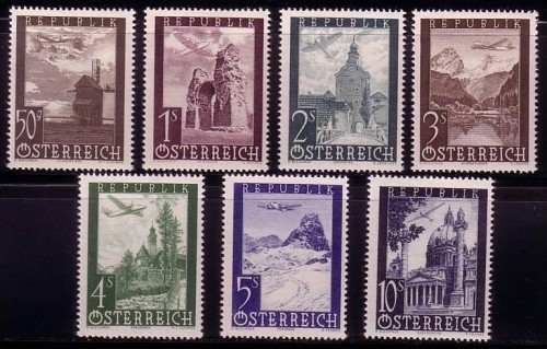 ÖSTERREICH MI-NR. 822-828 POSTFRISCH(MINT) FLUGZEUG ÜBER LANDSCHAFTEN oder GEBÄUDEN