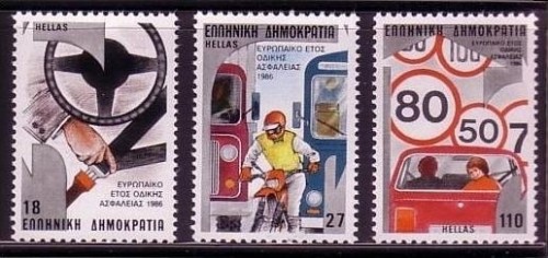 GRIECHENLAND MI-NR. 1627-1629 POSTFRISCH(MINT) MITLÄUFER 1986 EUROPÄISCHES JAHR DER VERKEHRSSICHERHEIT AUTO MOTORRAD
