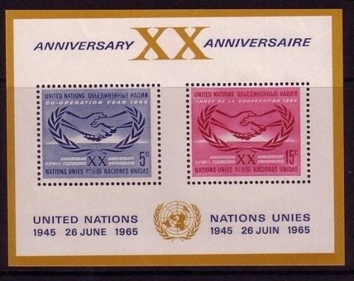 UNO NEW YORK BLOCK 3 POSTFRISCH(MINT) JAHR DER ZUSAMMENARBEIT 20 JAHRE UNO 1965
