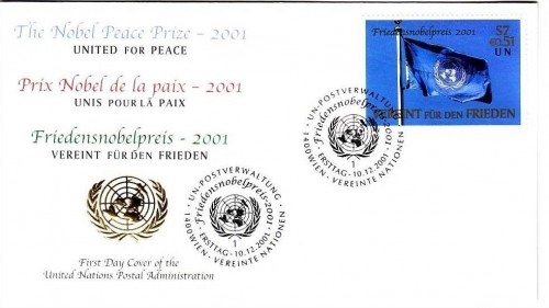 UNO WIEN MI-NR. 350 FDC FRIEDENSNOBELPREIS KOFI ANNAN 2001 FLAGGE
