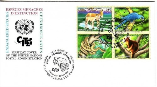 UNO GENF MI-NR. 369-372 FDC GEFÄHRDETE ARTEN 1999 ESEL PAPAGEI BOA KÄNGURUH