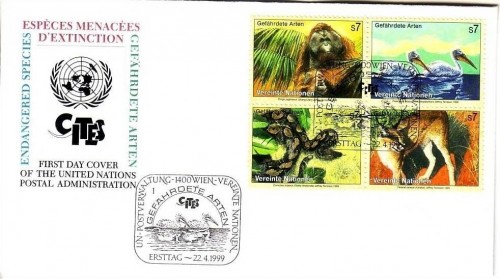 UNO WIEN MI-NR. 287-290 FDC GEFÄHRDETE ARTEN 1999 ORANG UTAN PELIKAN ANAKONDA KARAKAL