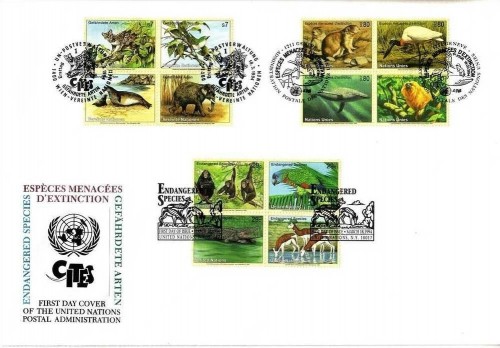 UNO TRIO BRIEF 18.03.1994 GEFÄHRDETE TIERE - SCHIMPANSEN, KROKODIL, LÖWENÄFFCHEN, BLAUWAL, OZELOT, ELEFANT