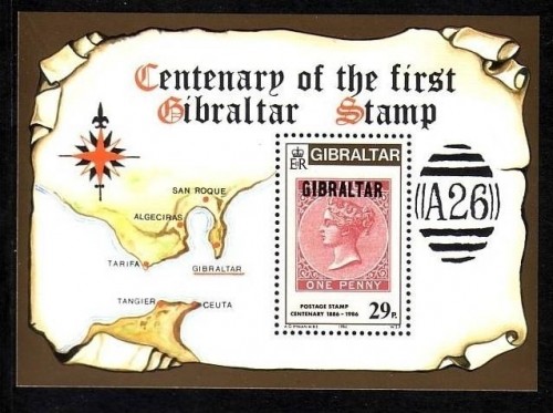 GIBRALTAR BLOCK 9 POSTFRISCH(MINT) 100 JAHRE BRIEFMARKEN GIBRALTAR 1986 MARKE AUF MARKE LANDKARTE