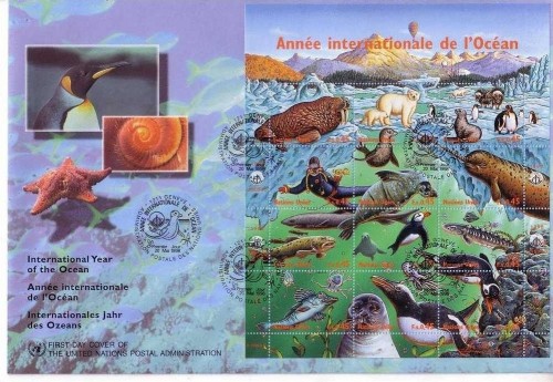 UNO GENF MI-NR. 334-345 FDC - INTERNATIONALES JAHR DES OZEANS EISBÄR ROBBE FISCH PINGUIN