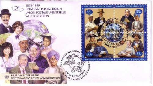 UNO NEW YORK MI-NR. 822-825 FDC 125 JAHRE WELTPOSTVEREIN (UPU) 1999