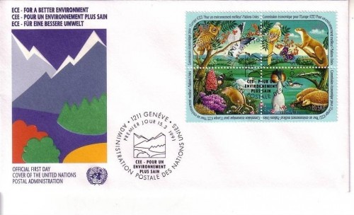 UNO GENF MI-NR. 194-197 FDC MITLÄUFER 1991 - ECE FÜR EINE BESSERE UMWELT - EULE SCHWAN IGEL SCHMETTERLING