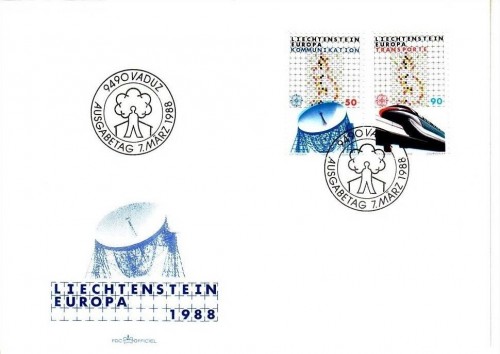 LIECHTENSTEIN MI-NR. 937-938 FDC EUROPA 1988 TRANSPORT- und KOMMUNIKATIONSMITTEL