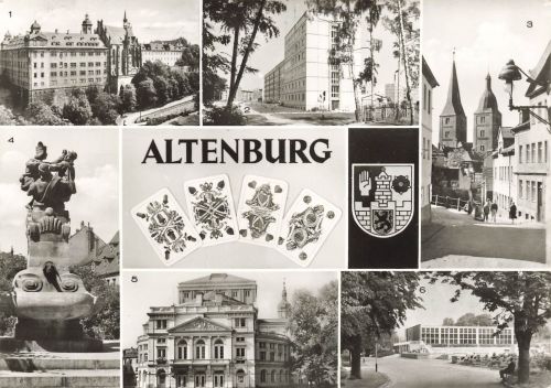 AK DDR Altenburg Schloss Markt Skatbrunnen Collage Thüringen gelaufen Postkarte