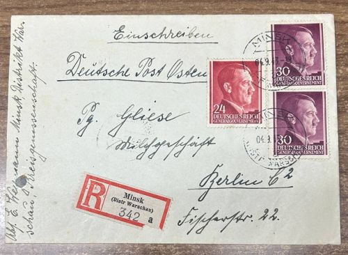 Einschreiben Brief Deutsche Post Osten Minsk Distr. Warschau 1943