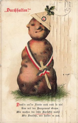 AK 1.WK Durchalten Kartoffel Propaganda Hungersnot Patriotika geprägt 1915