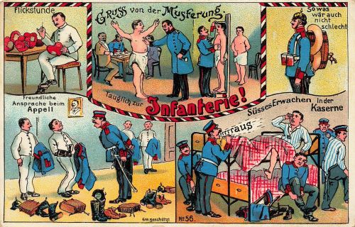 AK 1.WK Musterung Tauglich zur Infanterie Kaserne Soldaten Humor Patriotika 1915