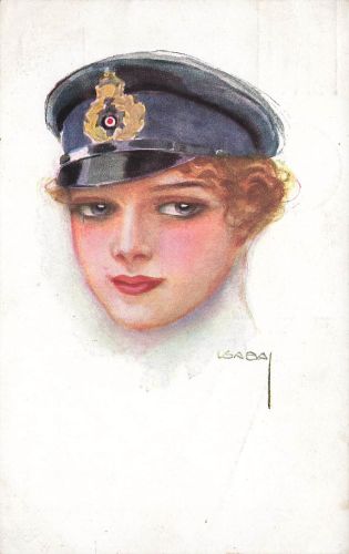 AK Frau Portrait Soldatin Uniform Mütze Künstlerkarte Luis Usabal Postkarte