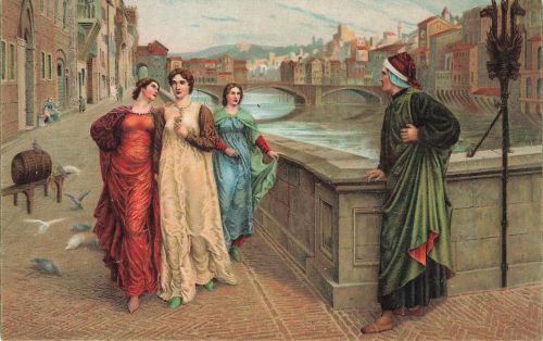 AK Dante und Beatricen Spaziergang längs des Arno in Florenz Postkarte