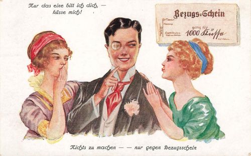 AK Mann mit Bezugsschein für 1000 Küsse Liebespaar Postkarte