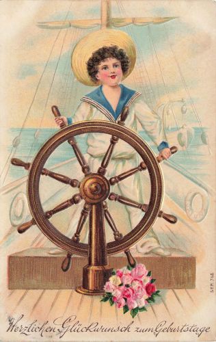 AK Geburtsag Herzlichen Glückwunsch kleiner Matrose Schiff Blumen 1911 geprägt