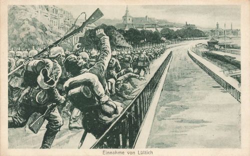 AK 1.WK Einnahme von Lüttich Liége 1914 Deutsche Soldaten Belgien Patriotika