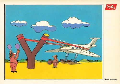 AK Heinz Jankofsky Karikatur Flugzeug Luftfahrt Schleuder DDR Künstlerkarte