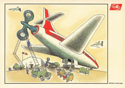 AK Barbara Henniger Karikatur Flugzeug Luftfahrt Flughafen DDR Künstlerkarte