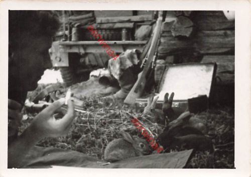 Deutscher Soldat mit Hasen und Gewehr im Quartier bei Pleskau Russland Ostfront