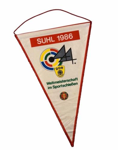 DDR Wimpel Sportschießen Suhl 1986 Jagd und Sportwaffen Wurftaube Sport DTSB