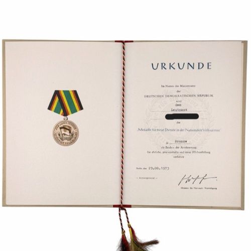 DDR NVA Urkunde Medaille für treue Dienste in der NVA Bronze 1973 Leutnant