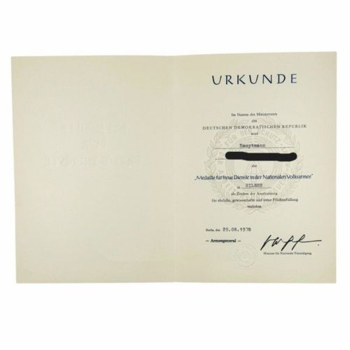 DDR NVA Urkunde Medaille für treue Dienste in der NVA Silber 1978 Hauptfeldwebel