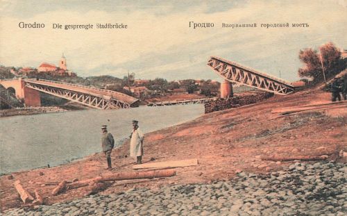 Die gesprengte Stadtbrücke in Grodno Weißrussland Belarus Postkarte AK 1916