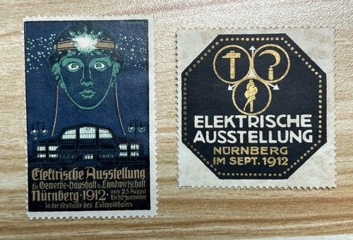 2 x Elektrische Ausstellung Nürnberg 1912 Reklamemarke