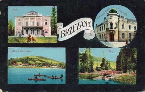 Postamt und Teich Brzezany Bereschany Ukraine Panorama-Postkarte AK 1917