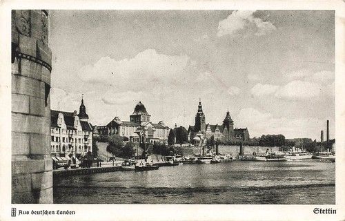 Blick von der Baumbrücke auf Hakenterrasse Stettin Ostpreussen Postkarte AK 1938