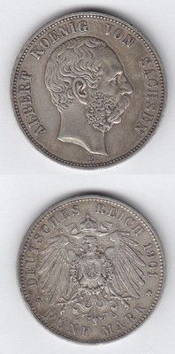 Kaiserreich 5 Mark Albert König von Sachsen 1901 E Silber