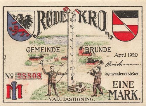 1 Mark x Notgeld, BRUNDE-ROTHENKRUG, Gemeinde Rodekro DNS Dänemark 1922