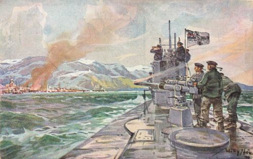 Deutsches U-Boot im Eismeer, Beschießung von Alexandrowsk Postkarte AK