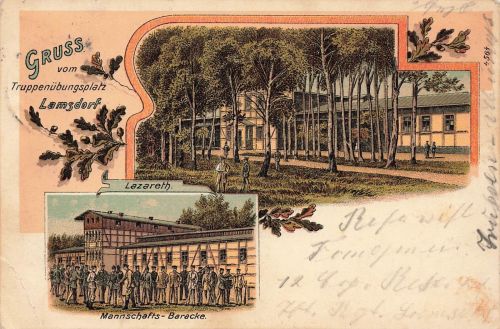 Gruß vom Truppenübungsplatz Lamsdorf Lazareth und Baracke Schlesien AK 1913