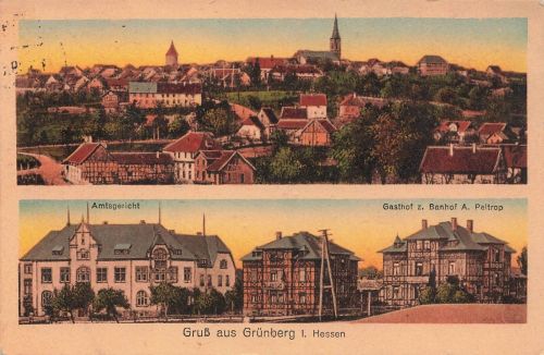Gruss aus Grünberg mit Amtsgericht und Gasthof Hessen Postkarte AK 1919