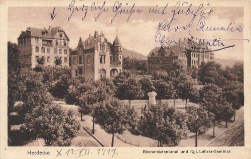 Bismarckdenkmal und Lehrer-Seminar in Herdecke Nordrhein-Westfalen AK