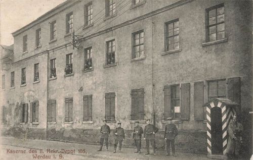 Kaserne des II. Rekr.-Depot 105 und Wachposten Werdau Sachsen Postkarte AK 1916