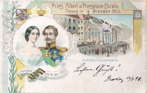 Einzug in Dresden Portrait Prinz Albert und Prinzessin Carola Postkarte AK 1898