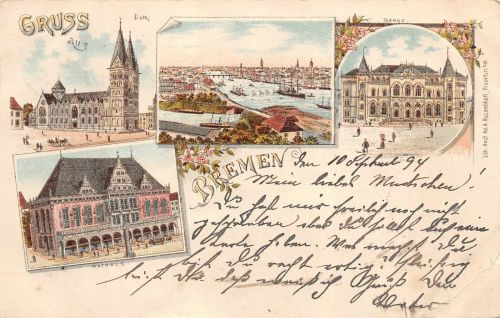 Gruss aus Bremen Rathaus Dom Börse Litho Postkarte AK 1894