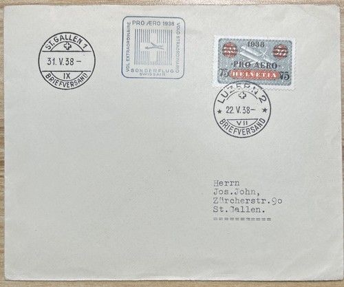 Schweiz 1938 Sonderflug Pro Aero Helvetia auf Ersttagsbrief 325 FDC